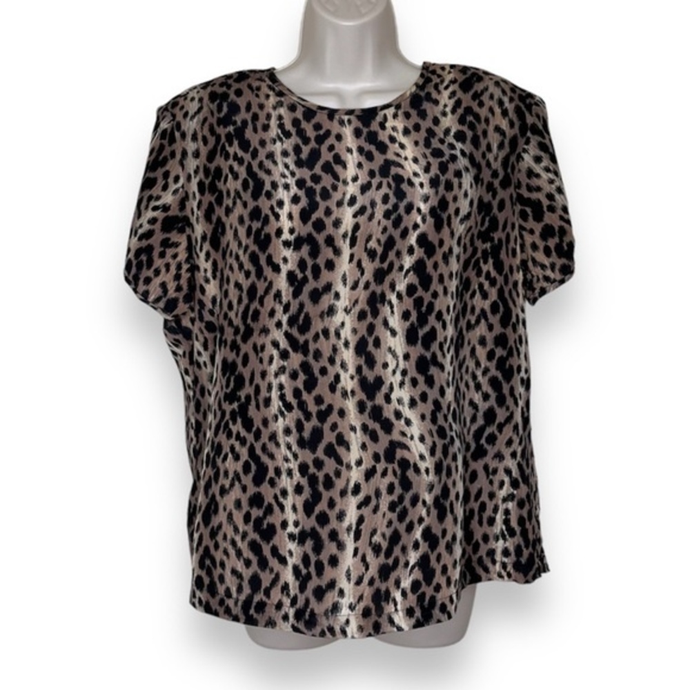 Vintage Quo-Silk Animal Print Silk Short Sleeve Round Neck Blouse Women Large